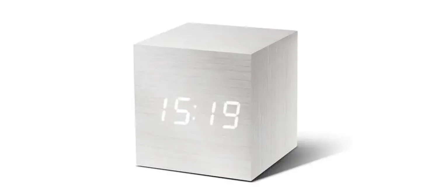 Clearance Gingko - Wooden Cube Click Clock White / White LED