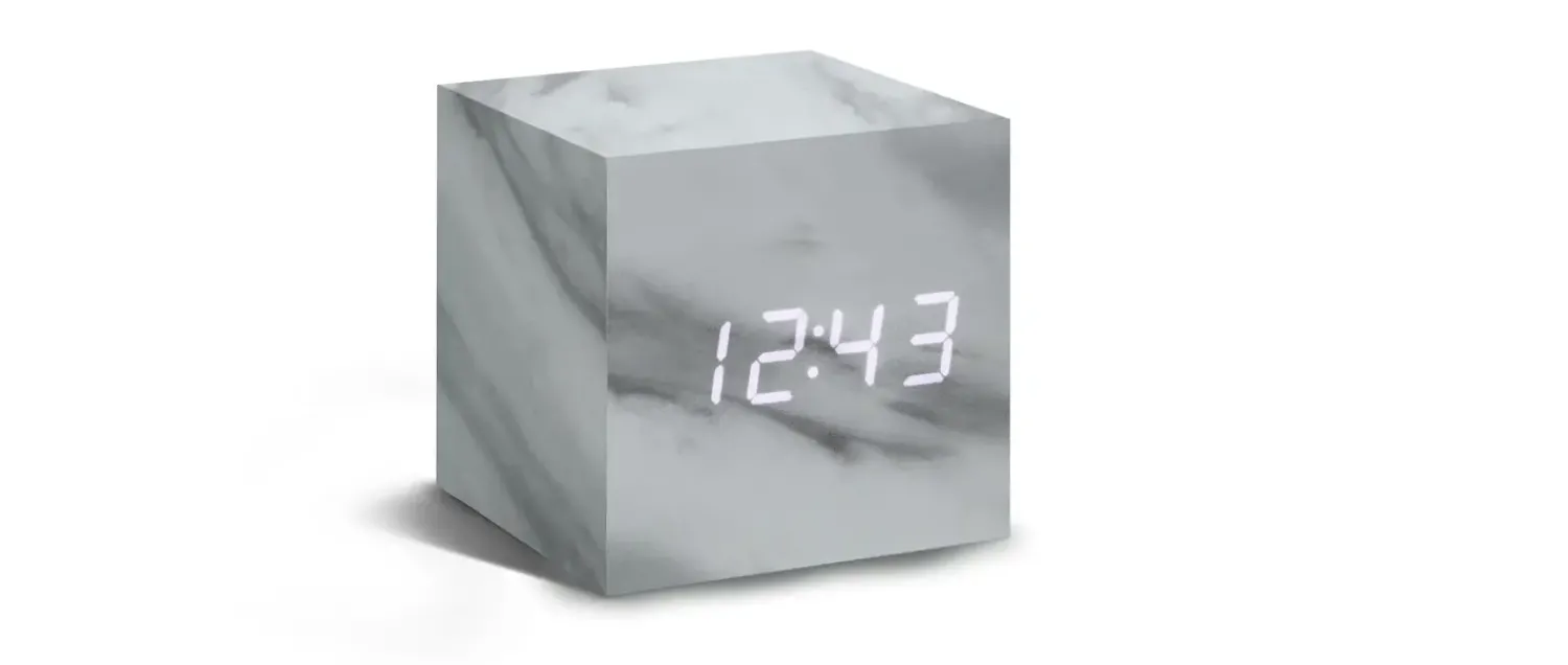 New Gingko - Wooden Cube Click Clock Marble / White LED